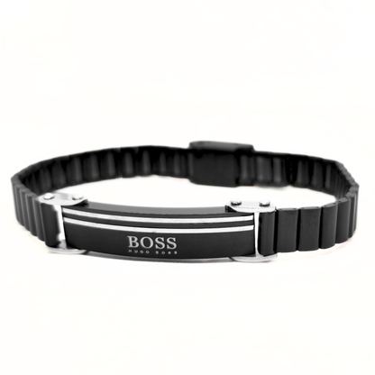 Black and silver stainless steel ID bracelet for men with watch-style clasp, angled view, B-207, Overpowered Accessories