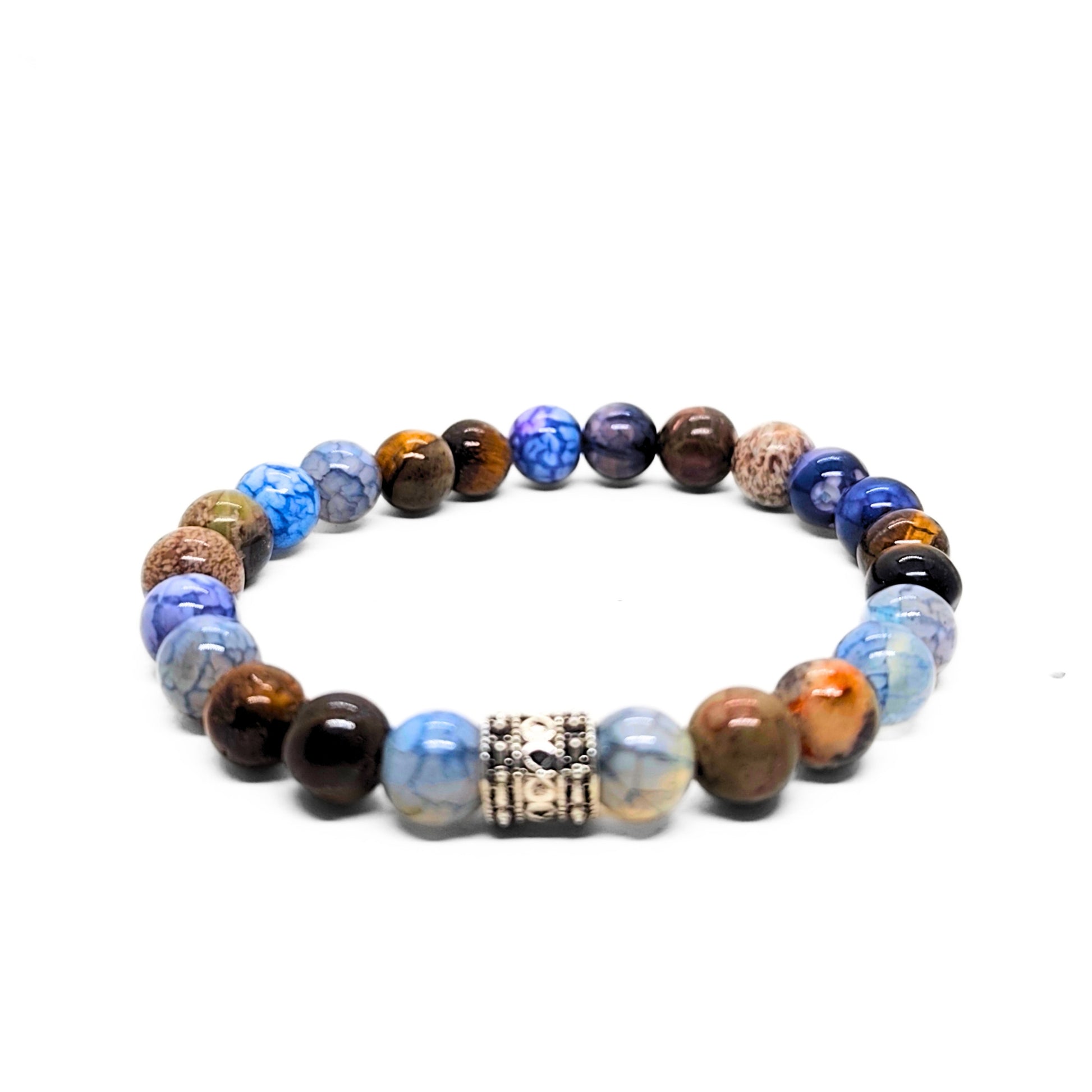 Natural Agate & Tiger Eye Gemstone G-24 Bracelet featuring a mix of blue and brown beads with a decorative silver accent.