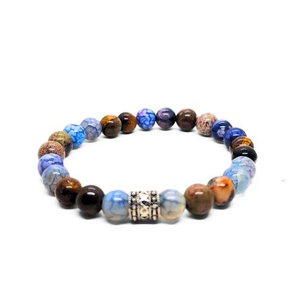 Natural Agate & Tiger Eye Gemstone G-24 Bracelet featuring a mix of blue and brown beads with a decorative silver accent.