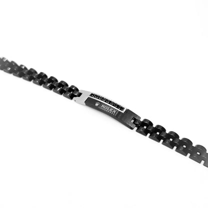 Silver and black stainless steel B-150 bracelet for men by Overpowered Accessories, featuring a sleek design and clasp.