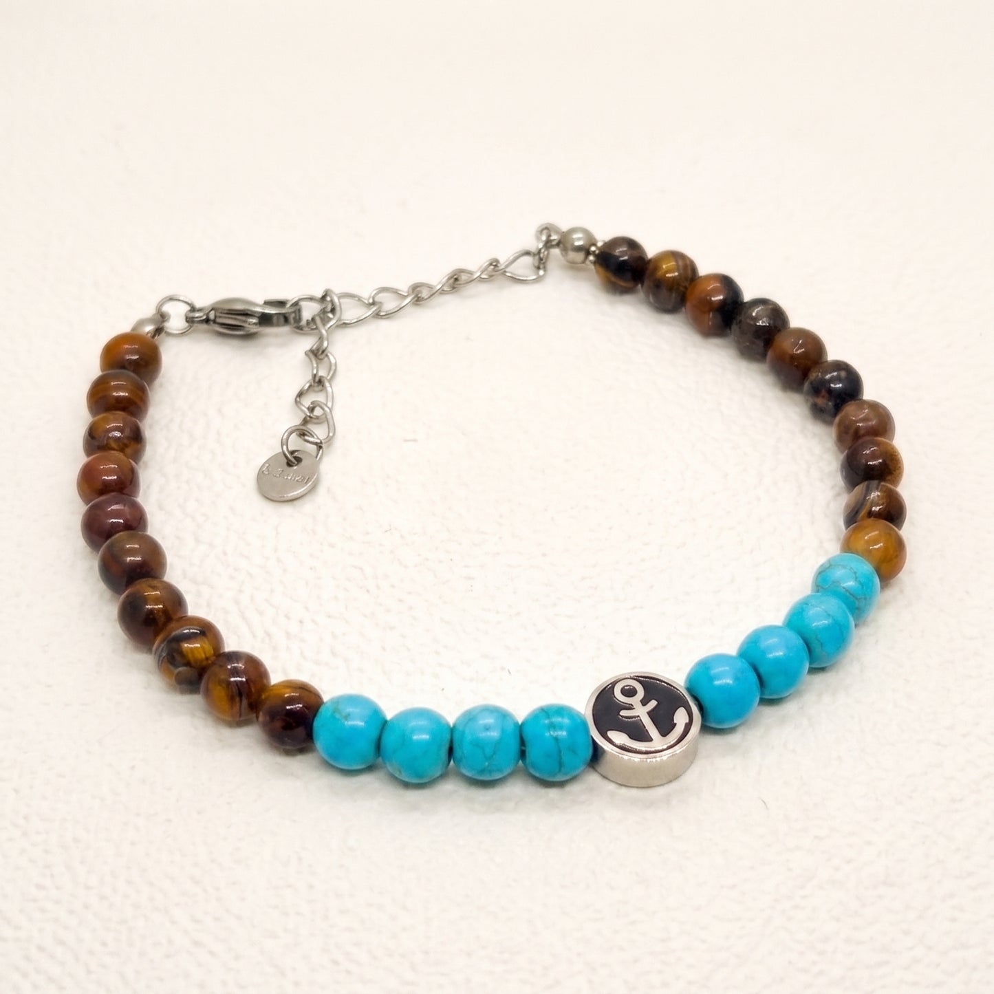 Men's tiger eye and turquoise beaded anchor bracelet with dangling heart charm