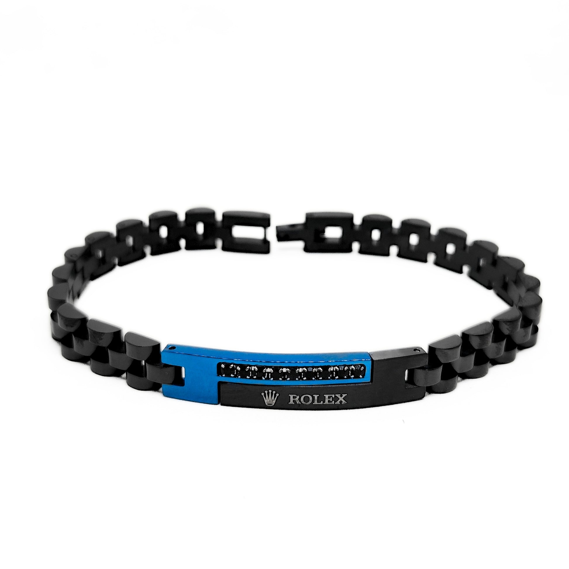 Blue and black stainless steel B-151 bracelet for men by Overpowered Accessories, featuring a sleek design and clasp closure.