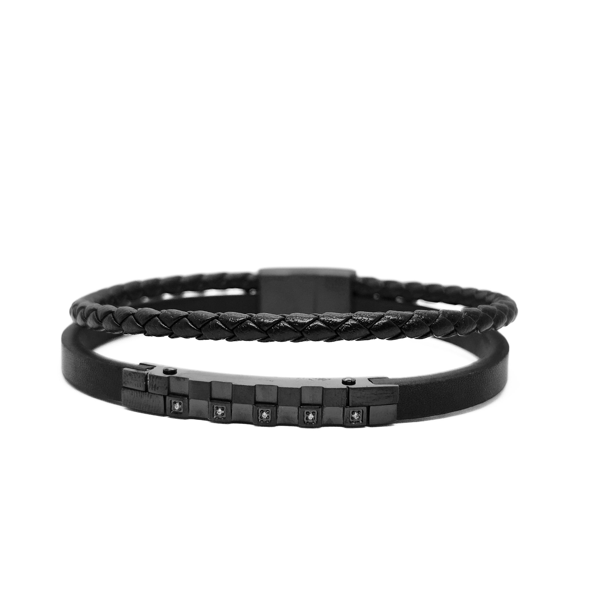 Men's black leather bracelet on wristband style, braided top with dark square zircon rows.