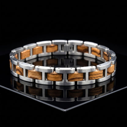 Zebrawood and stainless steel link bracelet, shown from above with interlocking bands, Overpowered Accessories