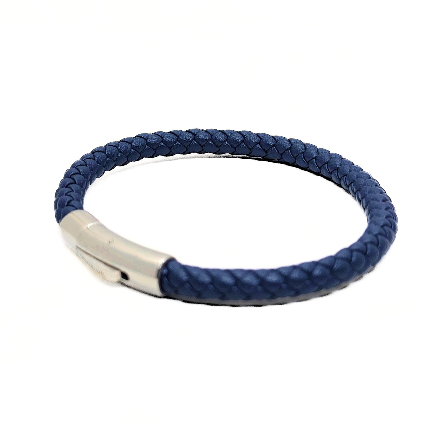 Dark blue braided leather bracelet with silver clasp, side view