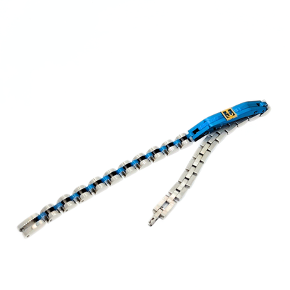 Blue and silver stainless steel men's bracelet B-113 by Overpowered Accessories, featuring a sleek design with a secure clasp