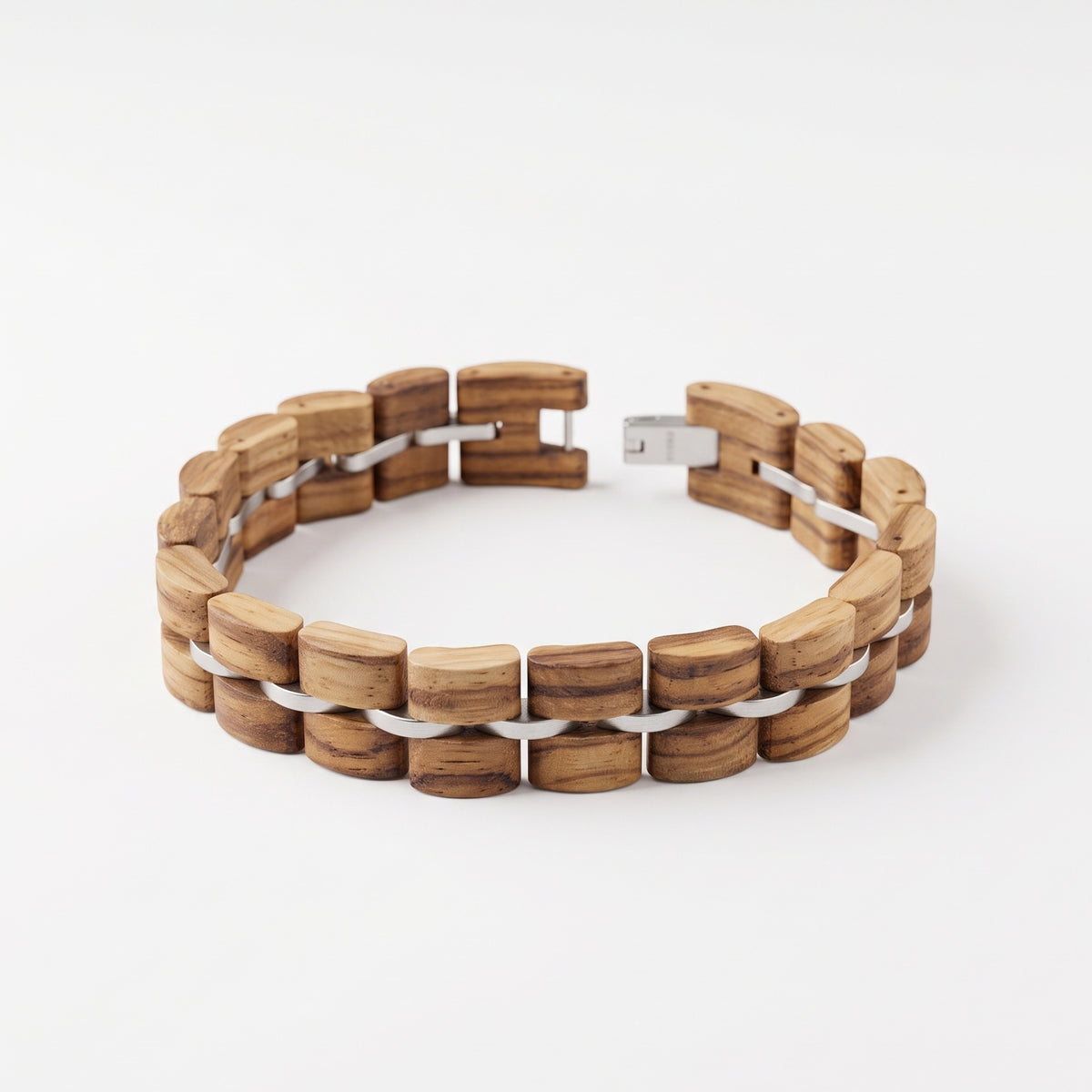 Men's zebrawood bracelet, light wood segments with silver bar clasp, Overpowered Accessories