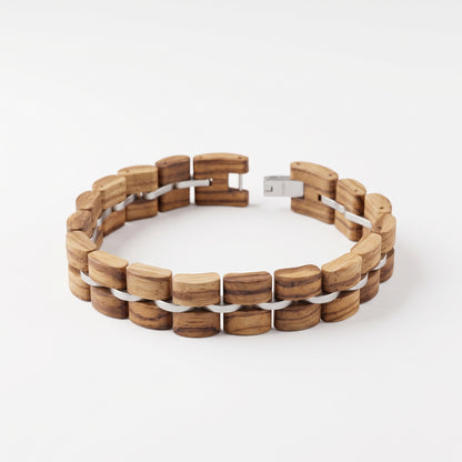 Men's zebrawood bracelet, light wood segments with silver bar clasp, Overpowered Accessories