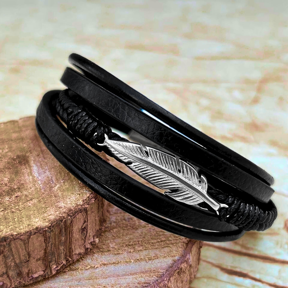 Black Leather & Silver Stainless Steel Feather - B-13 Bracelet | Men's - Overpowered Accessories Egypt