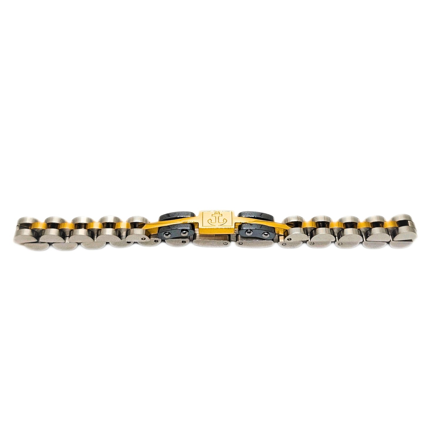 Men's tri-tone stainless steel bracelet with central anchor emblem clasp and black inlays