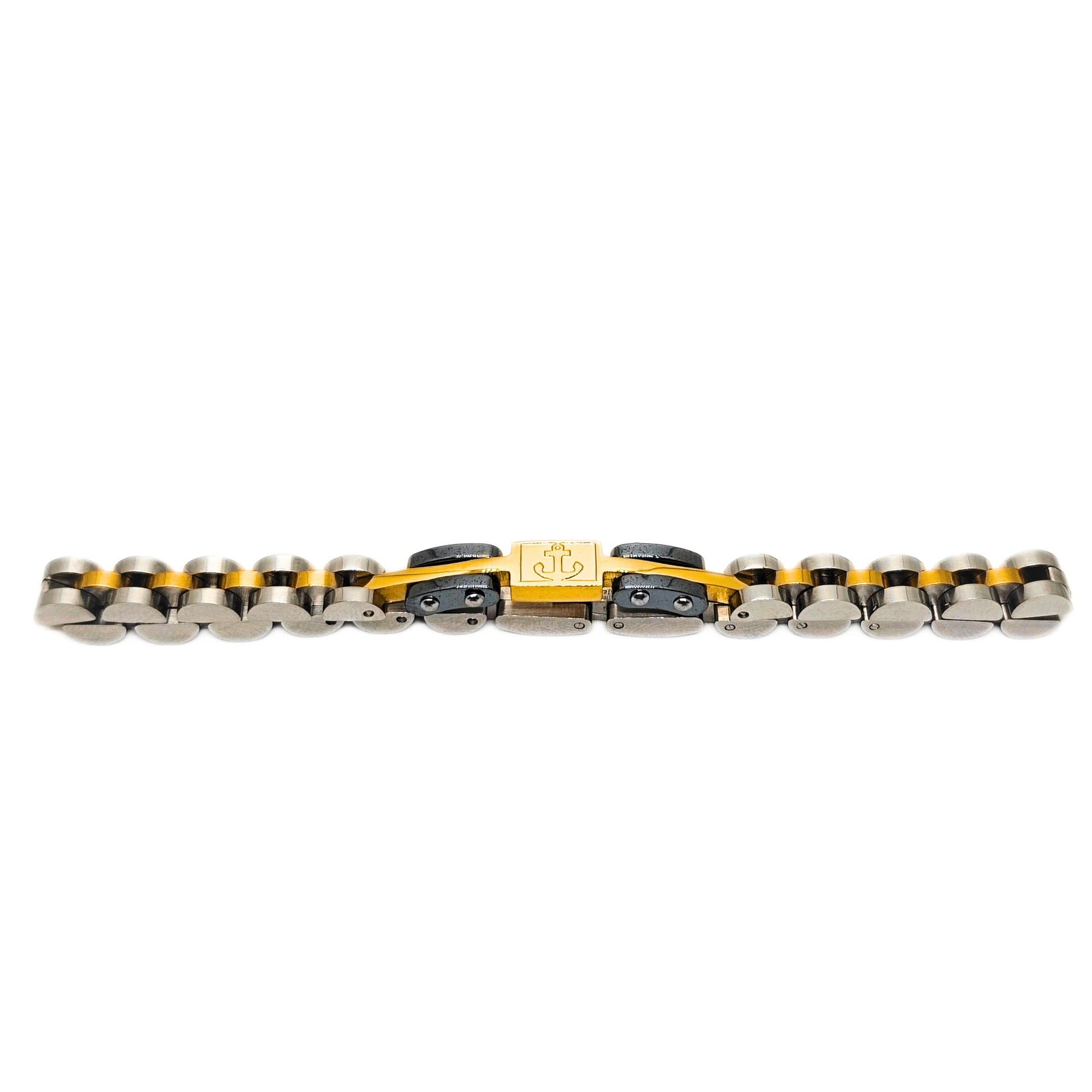 Men's tri-tone stainless steel bracelet with central anchor emblem clasp and black inlays
