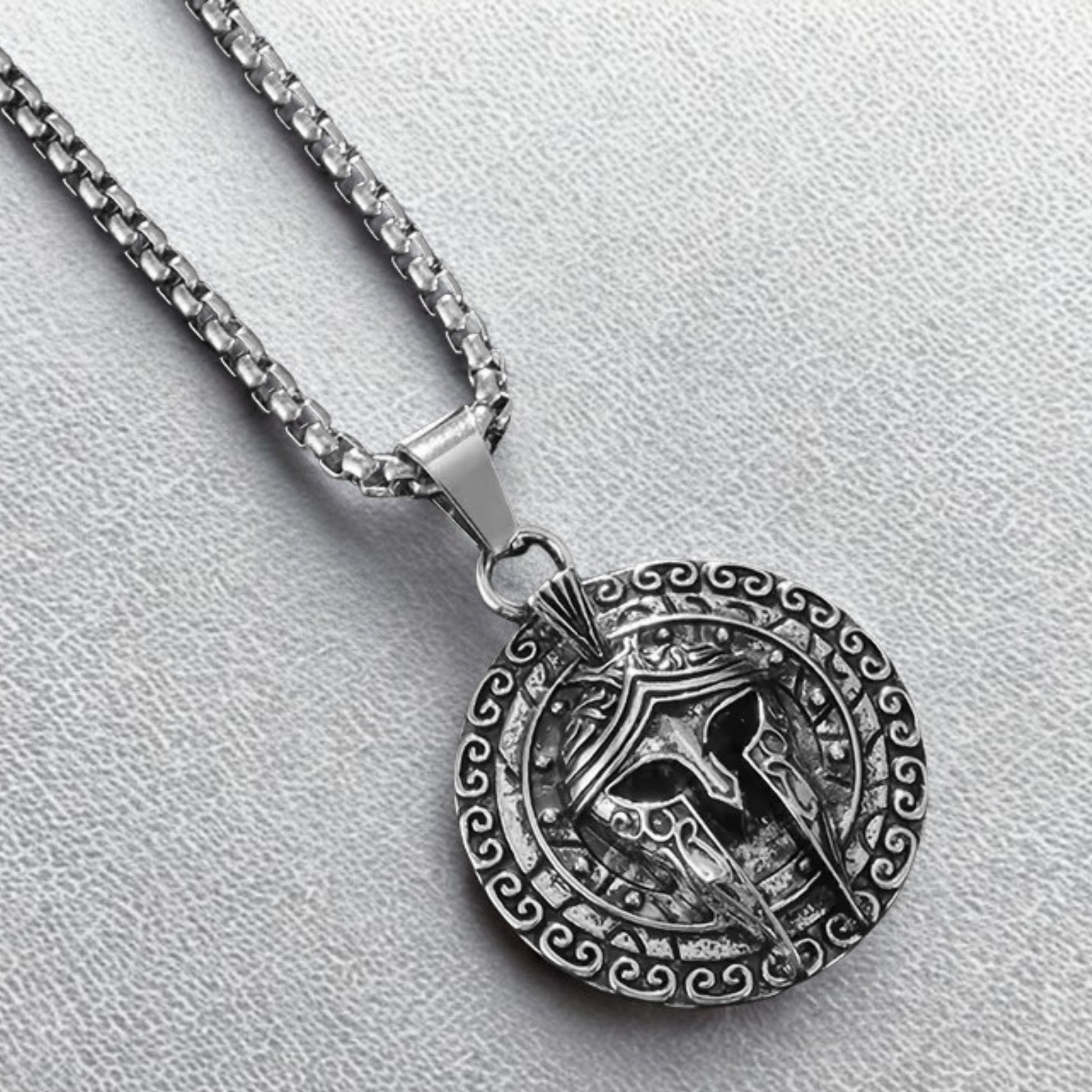 Silver PN-11 Sparta Warrior Pendant necklace by Overpowered Accessories featuring a detailed warrior design on a circular pen