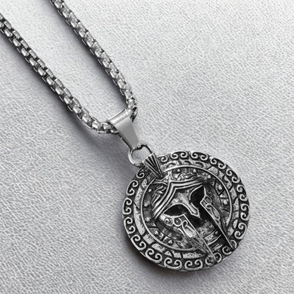 Silver PN-11 Sparta Warrior Pendant necklace by Overpowered Accessories featuring a detailed warrior design on a circular pen