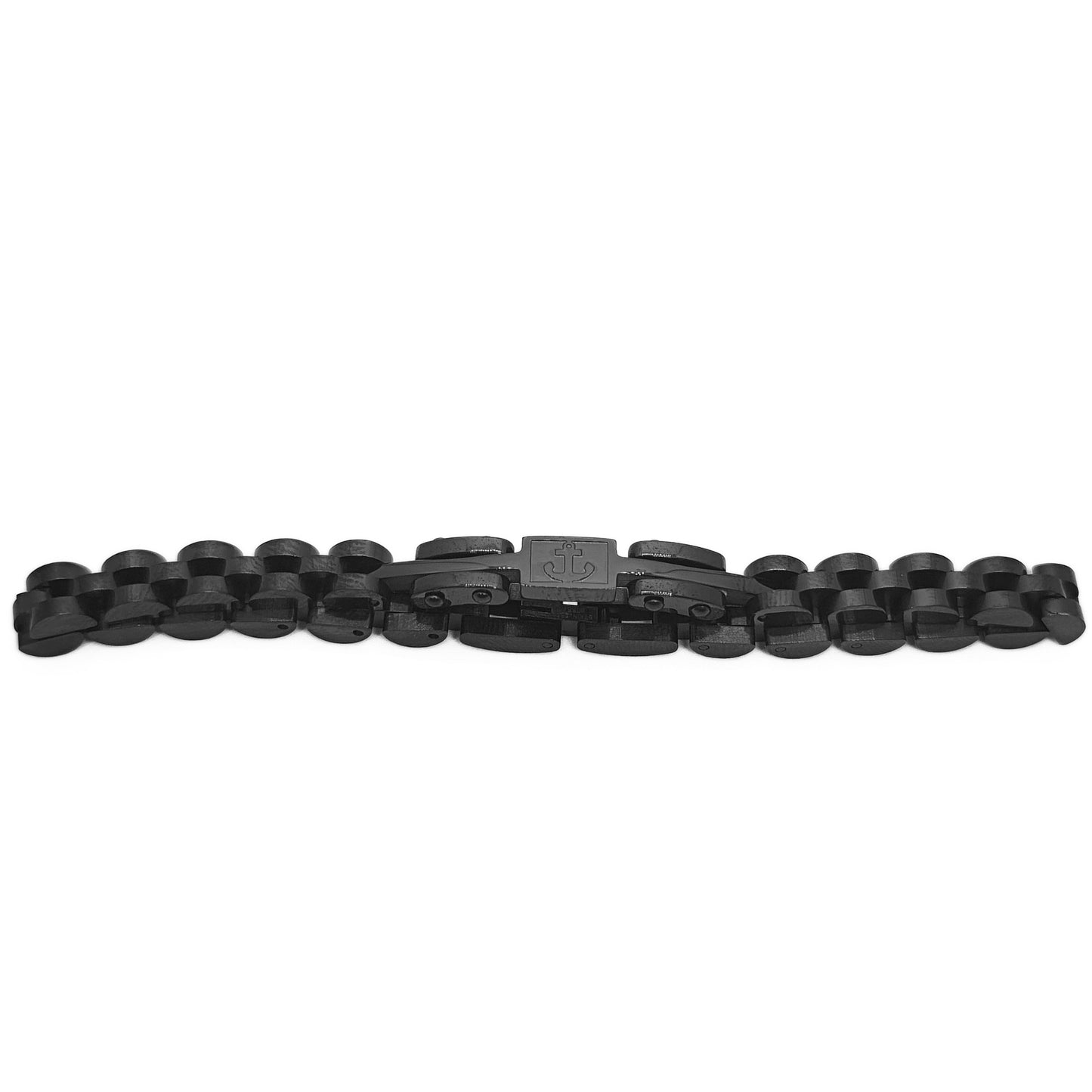 Men's black stainless steel anchor bracelet, flat lay with center anchor clasp