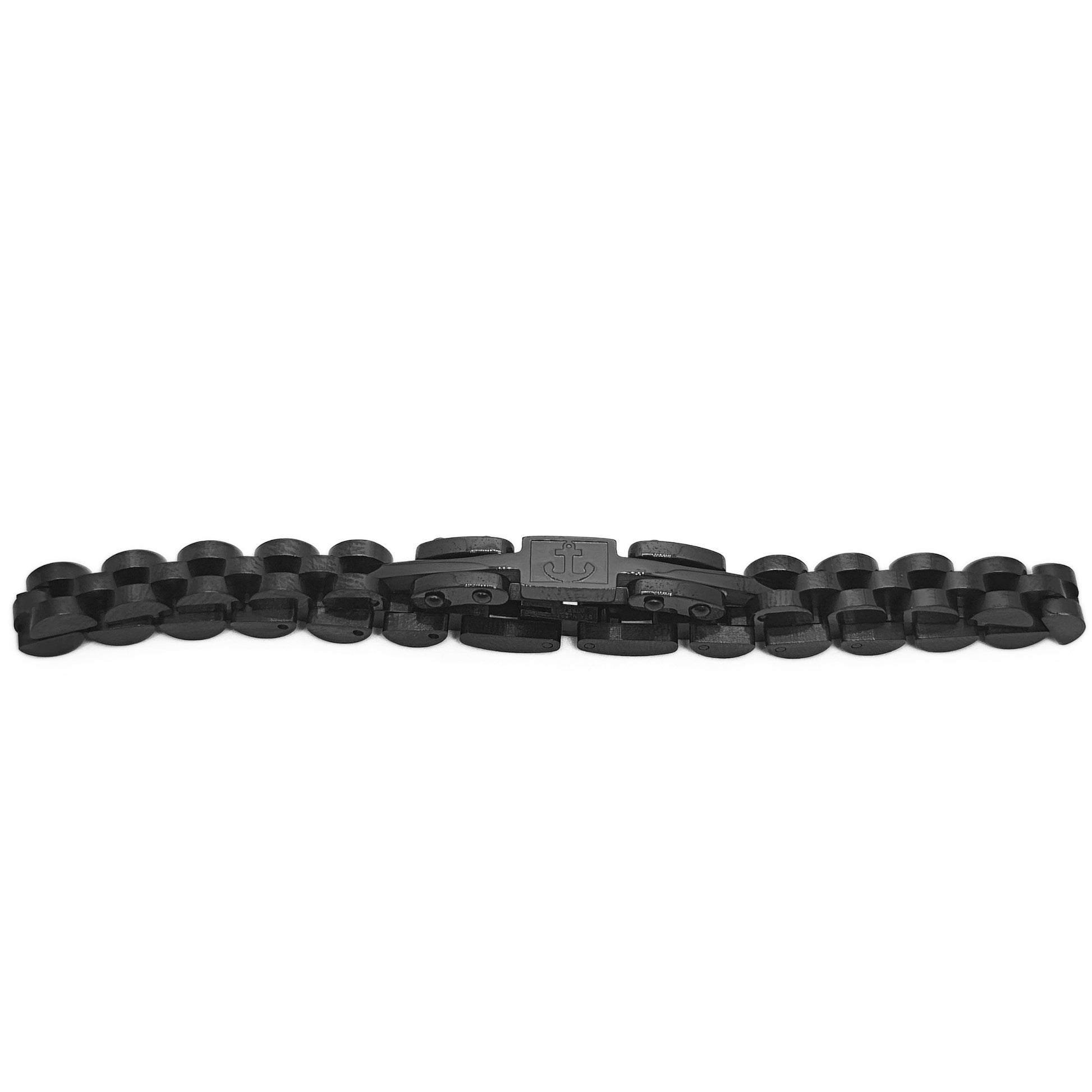 Men's black stainless steel anchor bracelet, flat lay with center anchor clasp
