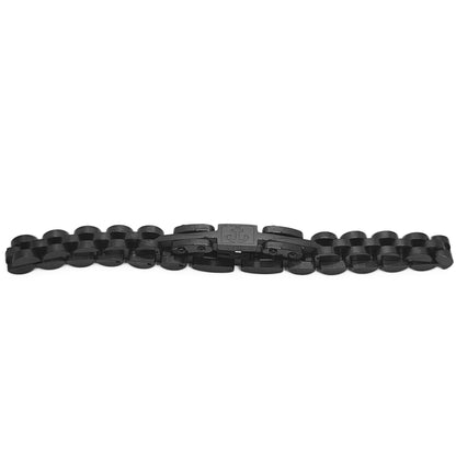 Men's black stainless steel anchor bracelet, flat lay with center anchor clasp