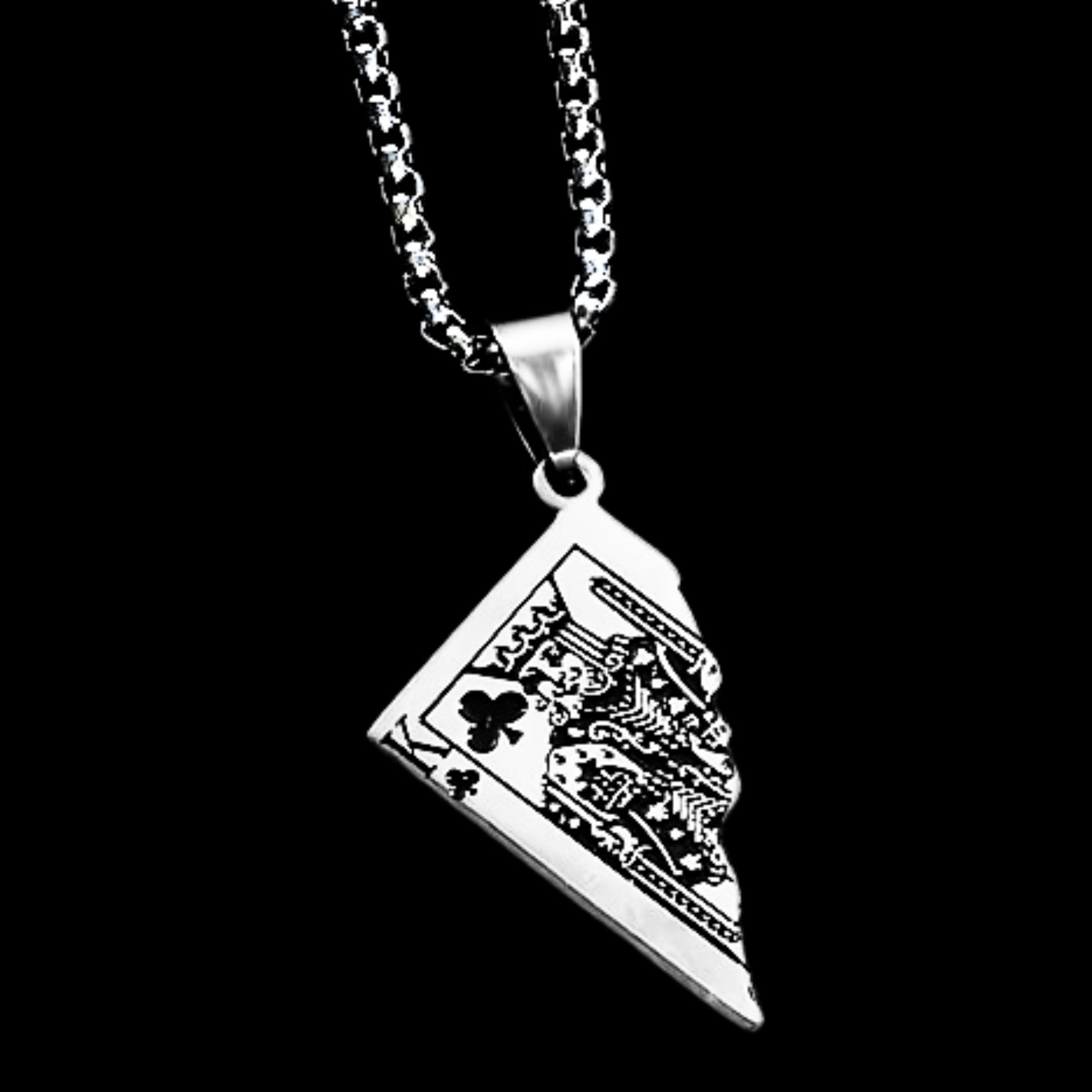 Silver King Card Pendant necklace with detailed playing card design, hanging from a sturdy chain. Ideal for men's fashion.