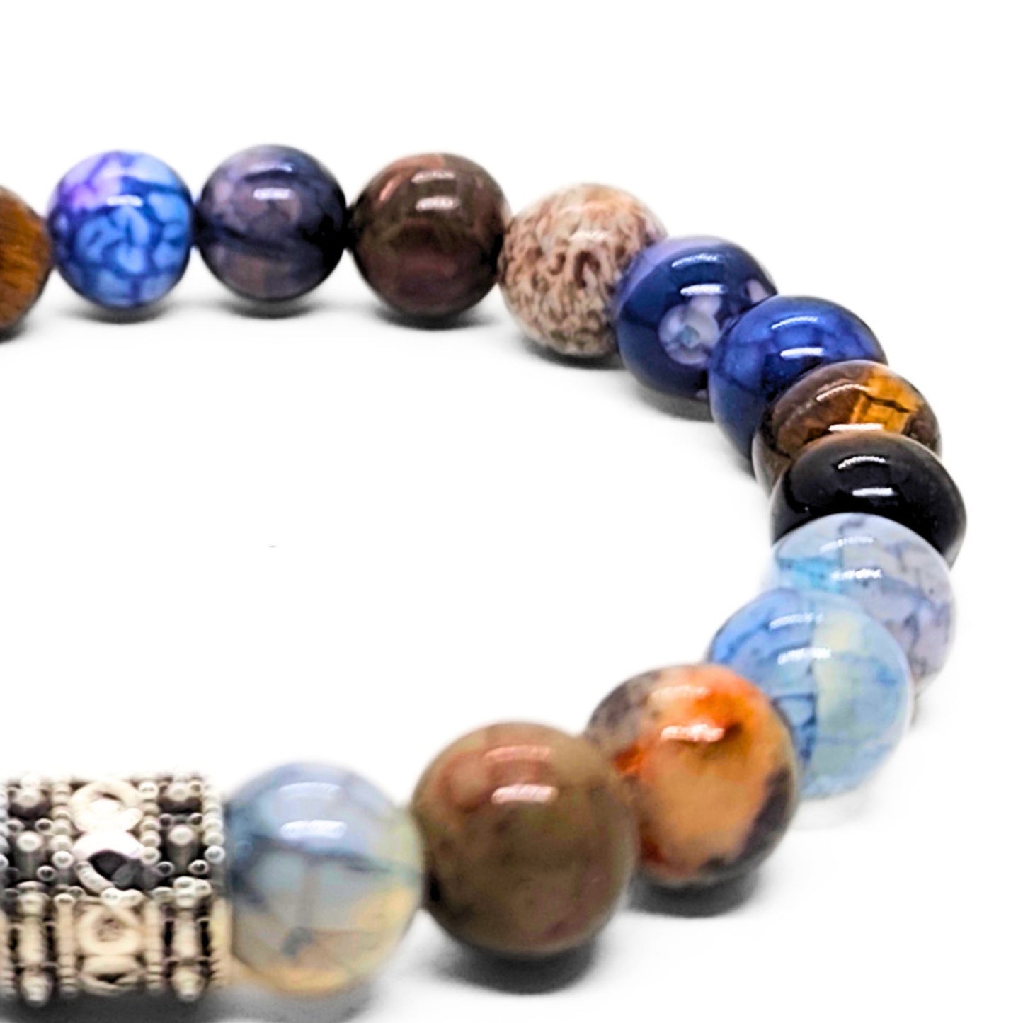 Natural Agate & Tiger Eye Gemstone G-24 Bracelet featuring a mix of colorful beads and a decorative silver accent.