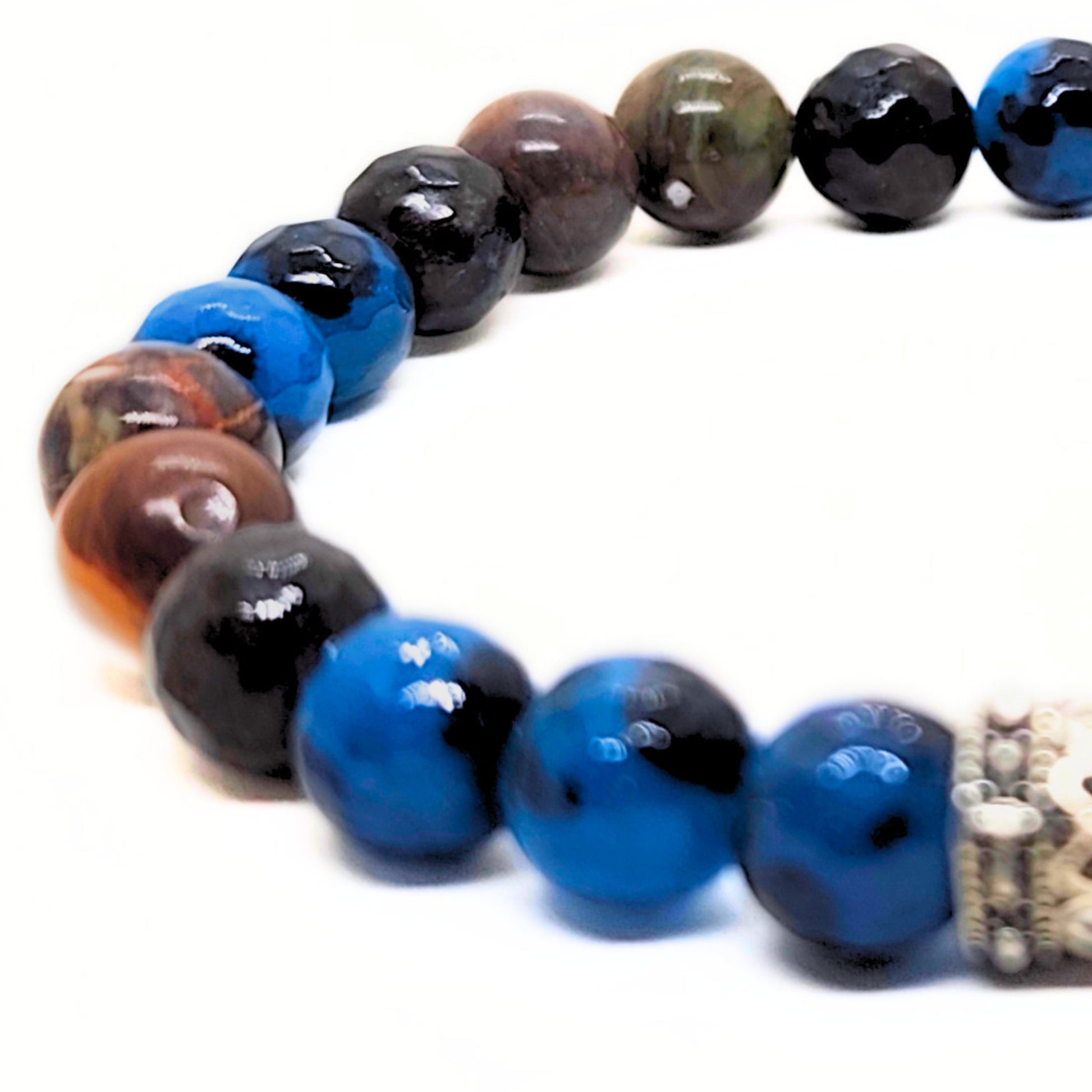 Natural Agate Stone G-23 Bracelet by Overpowered Accessories featuring a mix of blue, black, and earthy-toned beads.