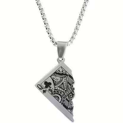 Silver PN-10 Queen Card Pendant necklace featuring intricate designs and a chain, designed for men by Overpowered Accessories