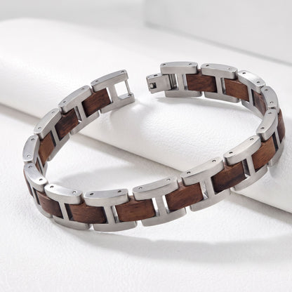 Luxury Natural Walnut Wood & Stainless Steel Bracelet - B-191 | Men's - Overpowered Accessories