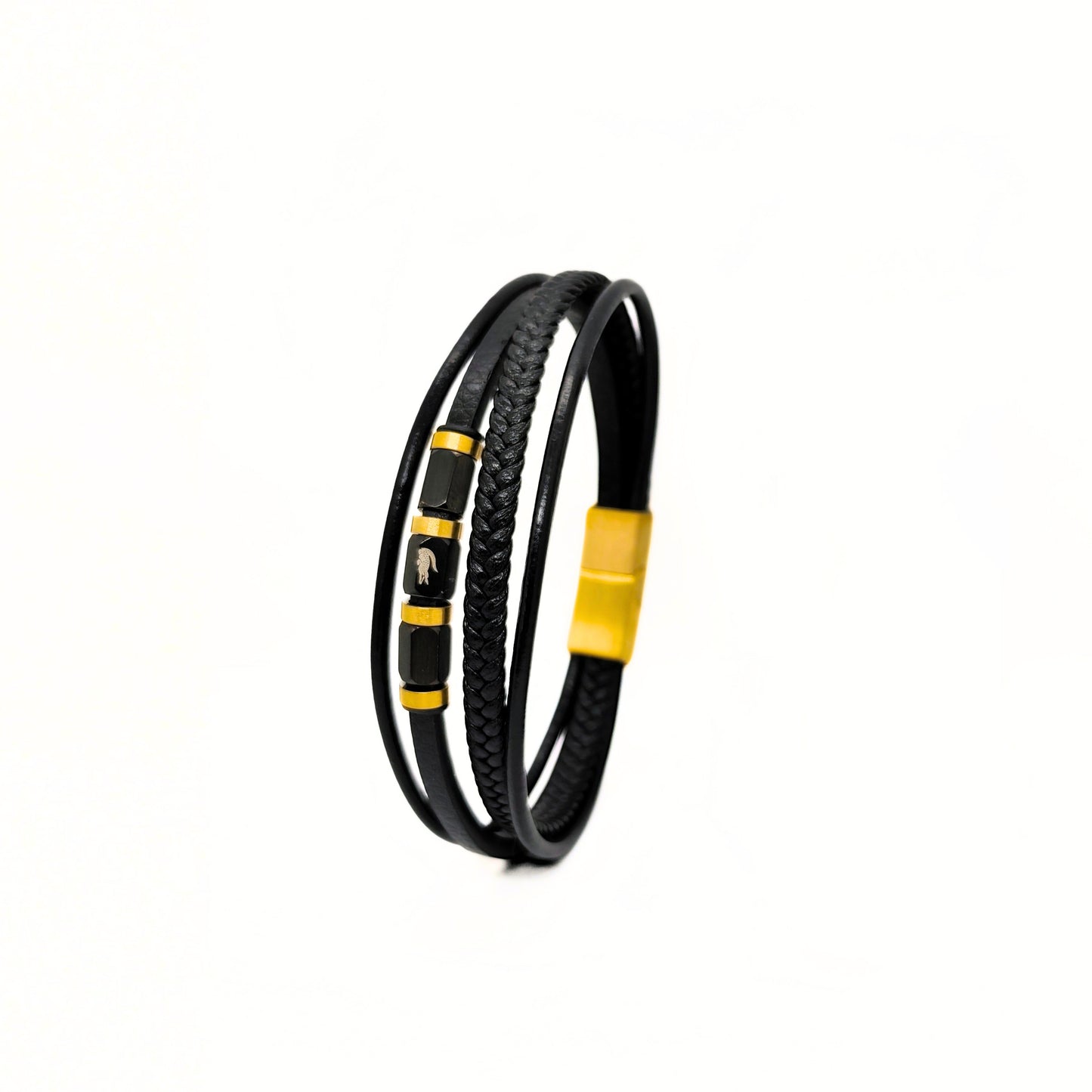 Black Leather B-101 | Gold Steel Bracelet - Overpowered Accessories | Egypt