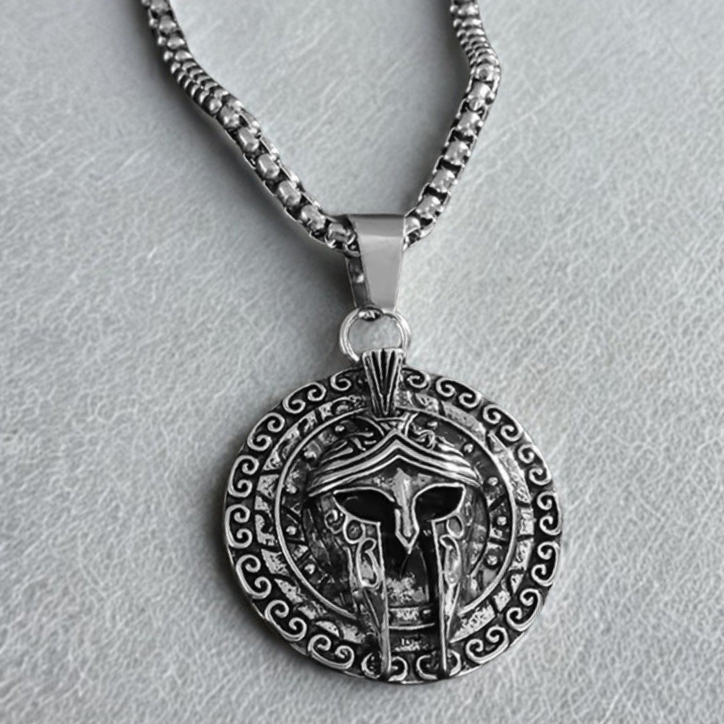 Men's PN-11 Sparta Warrior Pendant necklace by Overpowered Accessories featuring a detailed silver pendant on a chain.