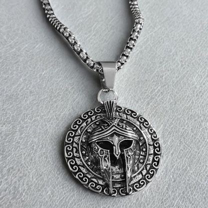 Men's PN-11 Sparta Warrior Pendant necklace by Overpowered Accessories featuring a detailed silver pendant on a chain.