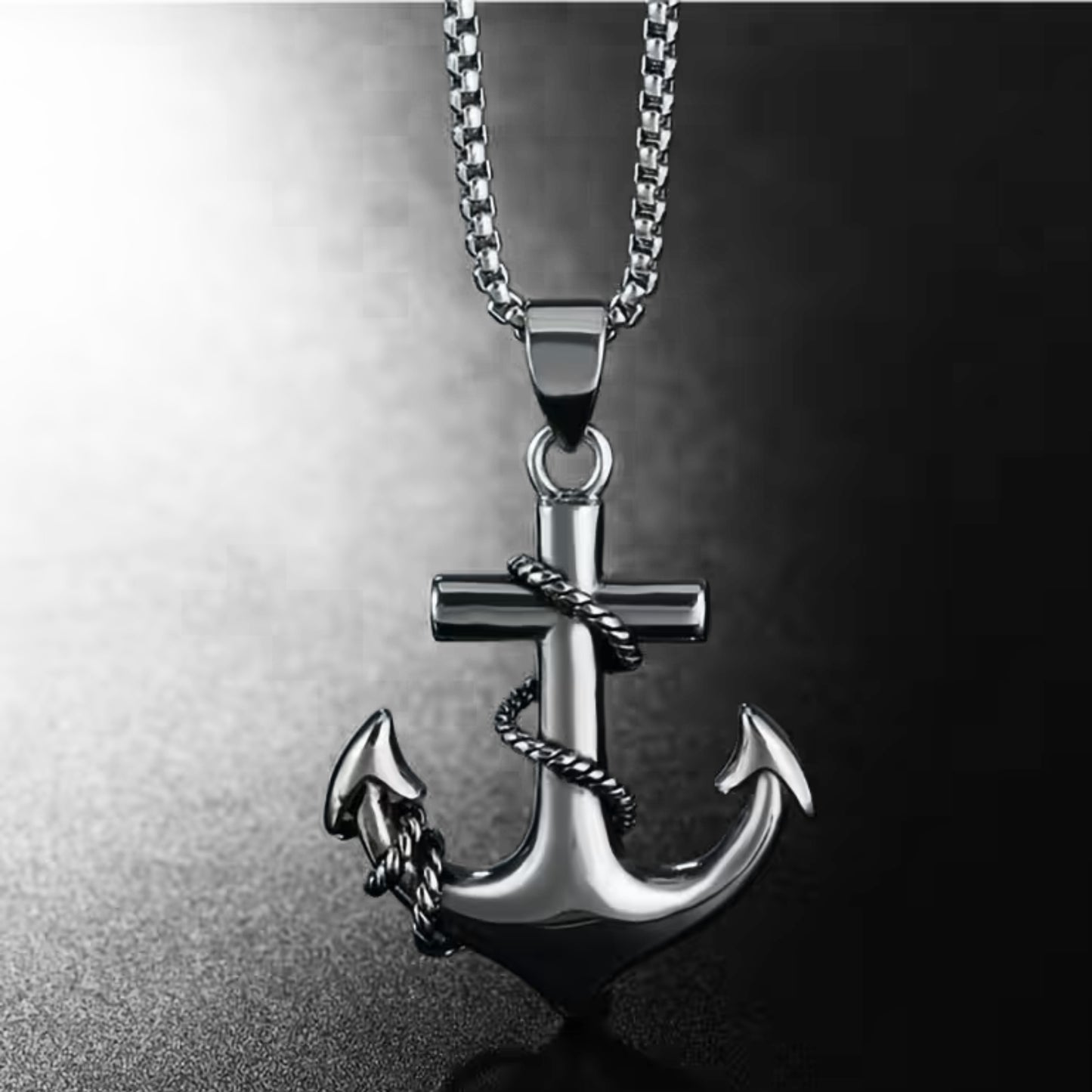 Silver PN-13 Anchor Pendant necklace with a chain, featuring a twisted rope design around the anchor.