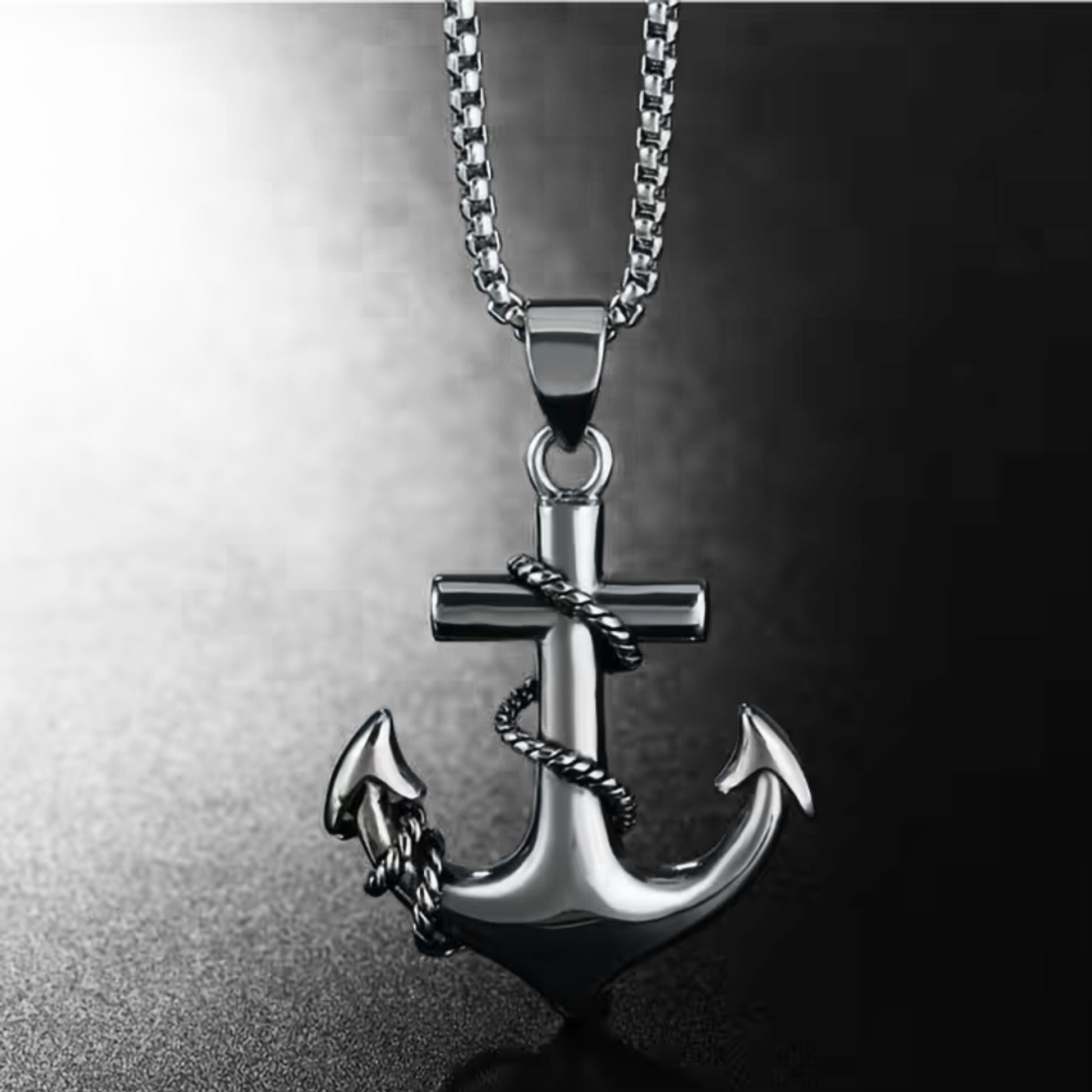 Silver PN-13 Anchor Pendant necklace with a chain, featuring a twisted rope design around the anchor.