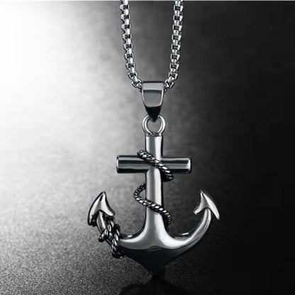Silver PN-13 Anchor Pendant necklace with a chain, featuring a twisted rope design around the anchor.