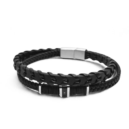 Men's braided leather bracelet in black with silver-tone clasp and layered braided design
