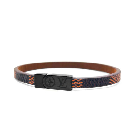 Men's brown leather bracelet with navy-orange woven band and black clasp with emblem