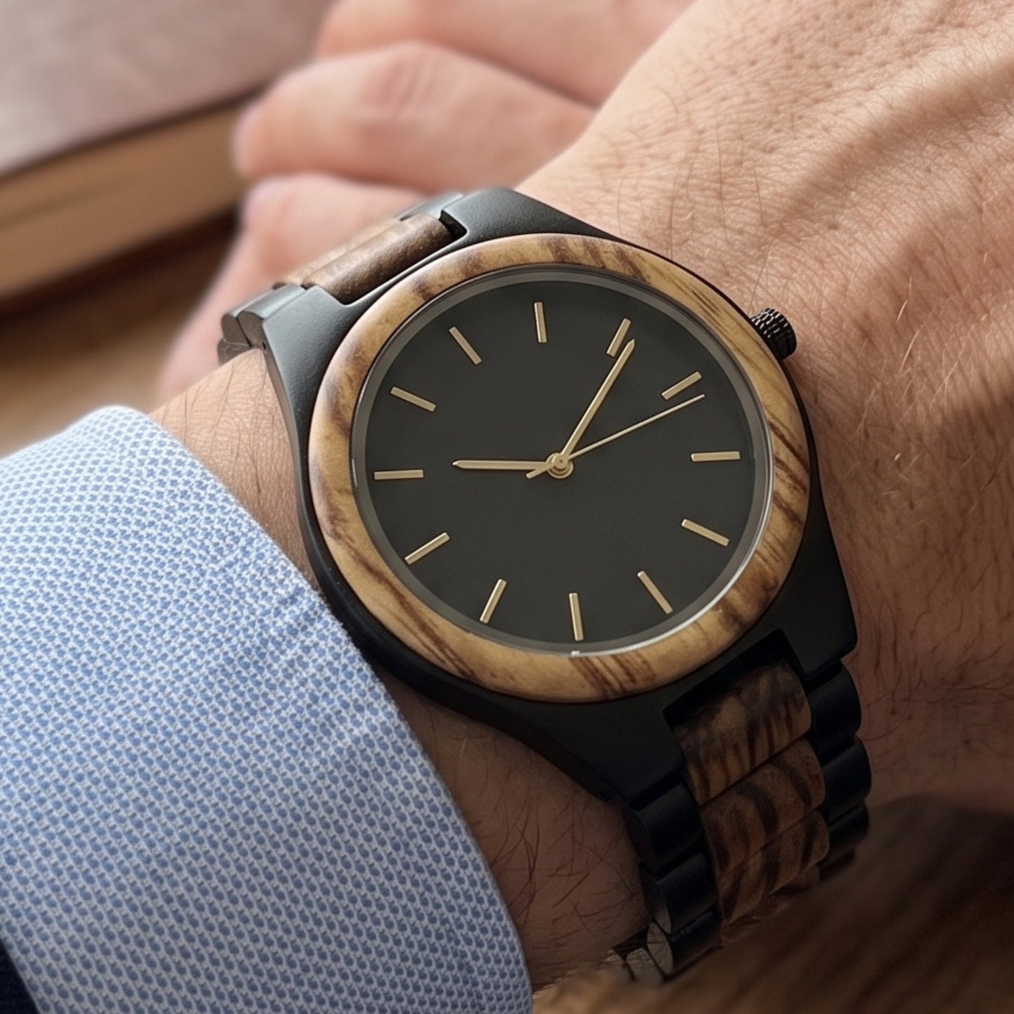 A close-up of a wrist wearing a wooden watch with a black dial and a wood-grain bezel and strap, shown on a person's wrist with a light blue shirt cuff visible.