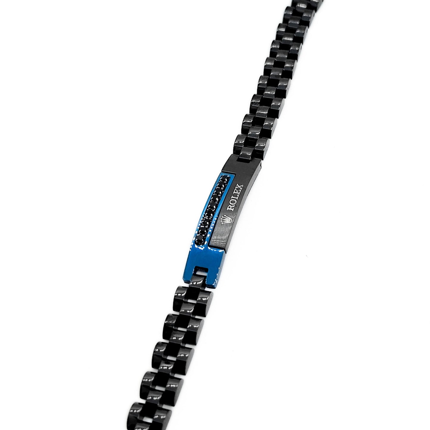Blue and black stainless steel B-151 bracelet for men by Overpowered Accessories, featuring a sleek design and clasp.
