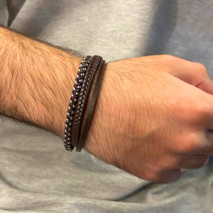 Premium Brown Leather Bracelet with Beads Silver Stainless Steel B-92 - Overpowered Accessories | Egypt