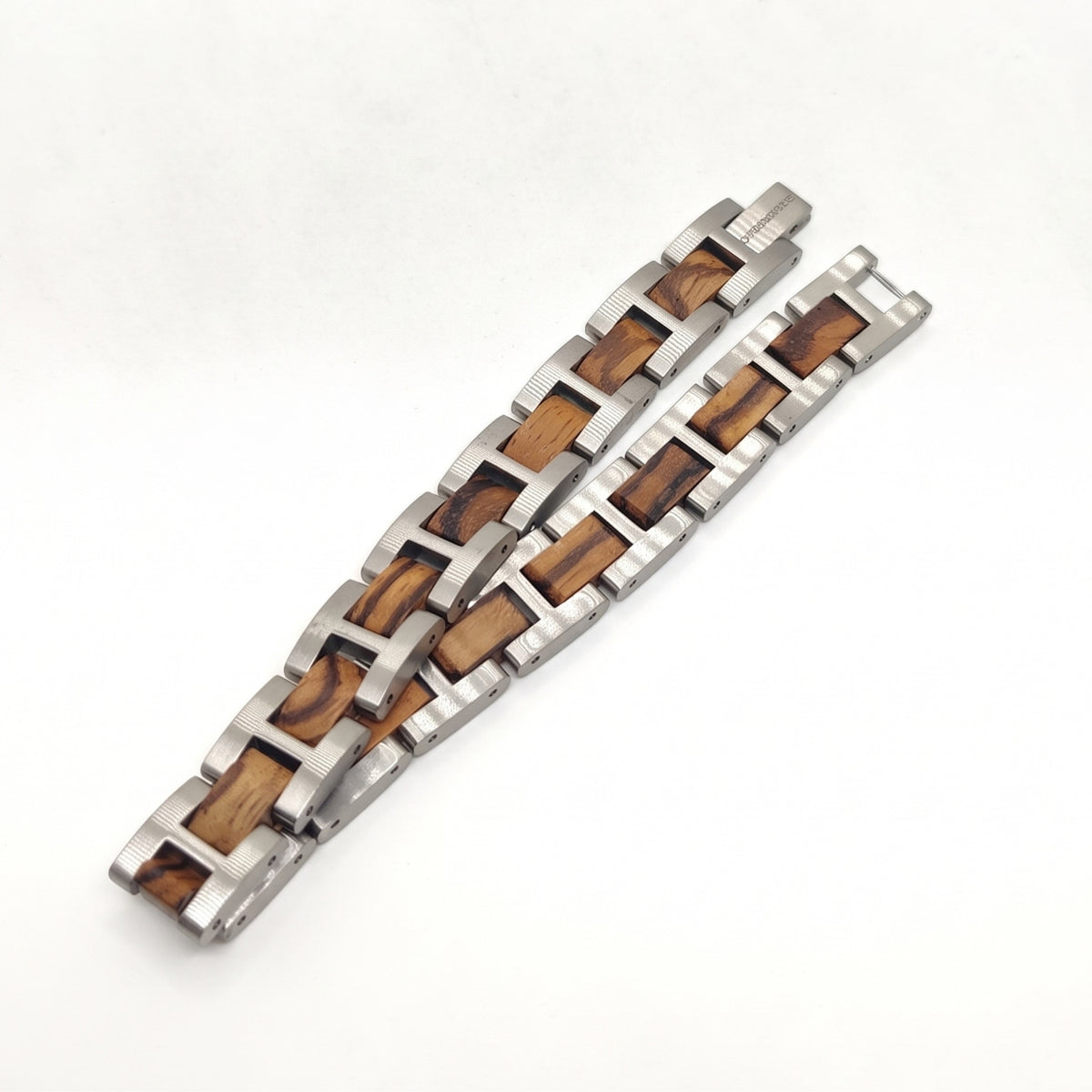Zebrawood and stainless steel bracelet with rectangular wood and metal alternating links, Overpowered Accessories