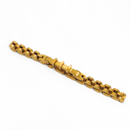Gold stainless steel bracelet side view with interlocking link sections and box clasp