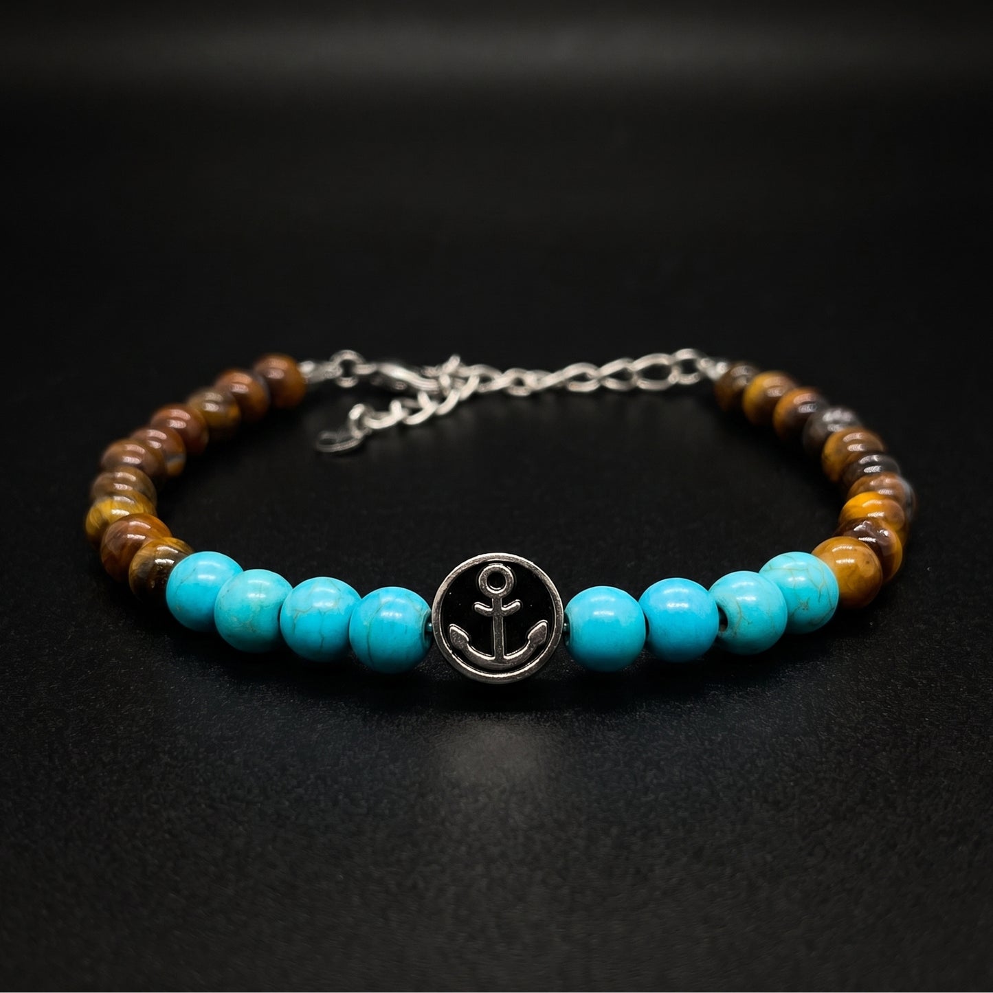 Men's tiger eye and turquoise bead anchor bracelet with silver-tone anchor medallion