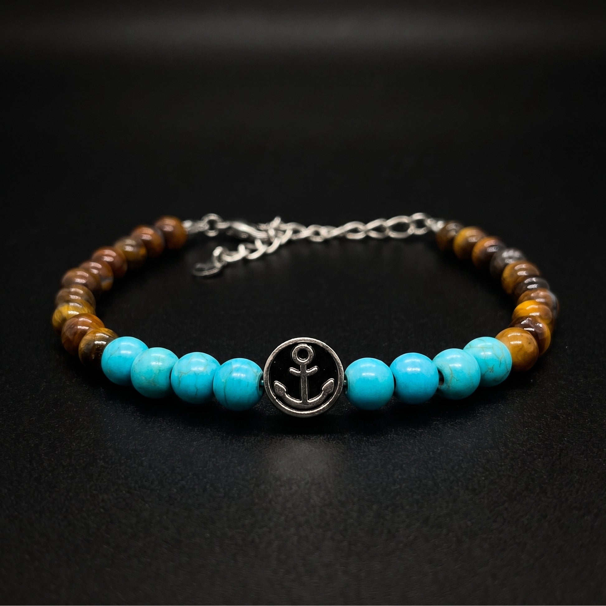 Men's tiger eye and turquoise bead anchor bracelet with silver-tone anchor medallion