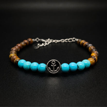 Men's tiger eye and turquoise bead anchor bracelet with silver-tone anchor medallion