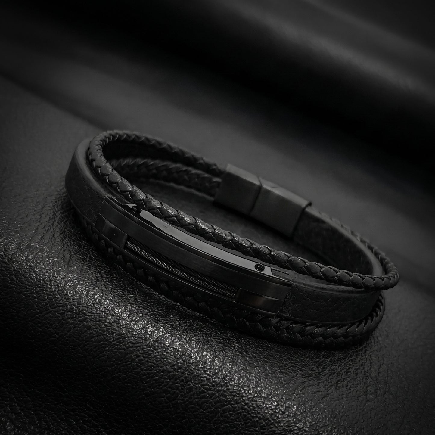 Premium Black Leather Bracelet - B-181 | Men's - Overpowered Accessories