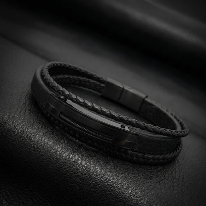 Premium Black Leather Bracelet - B-181 | Men's - Overpowered Accessories