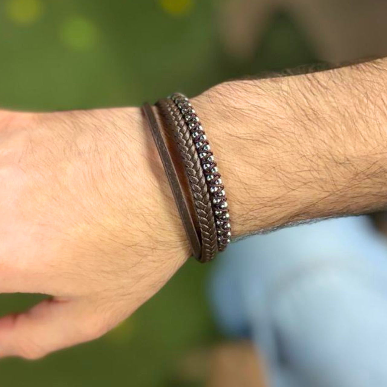 Premium Brown Leather Bracelet with Beads Silver Stainless Steel B-92 - Overpowered Accessories | Egypt