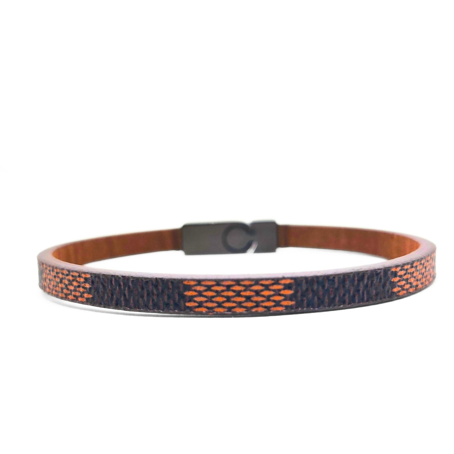 Men's brown leather bracelet with navy-orange woven band and black buckle