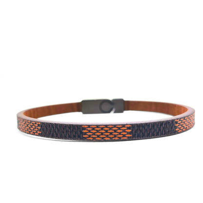 Men's brown leather bracelet with navy-orange woven band and black buckle