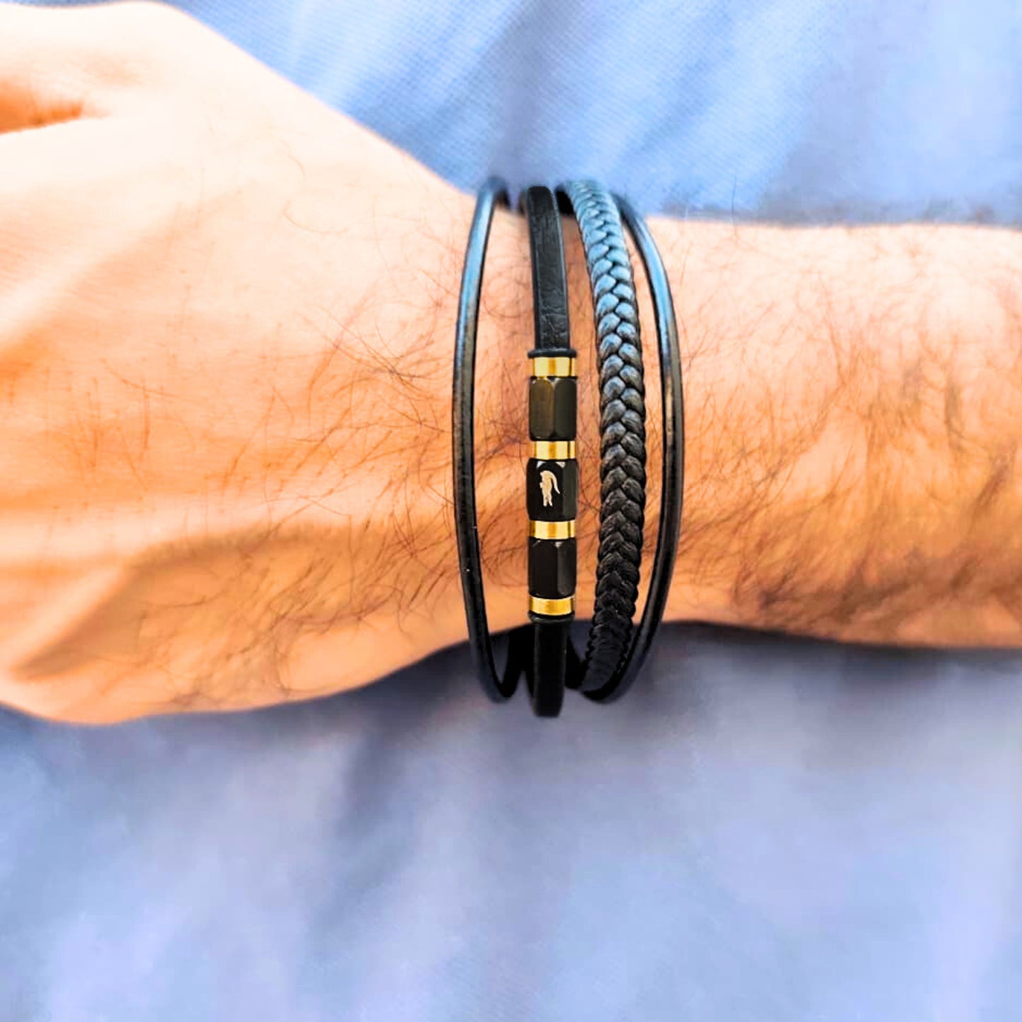Black Leather B-101 | Gold Steel Bracelet - Overpowered Accessories | Egypt