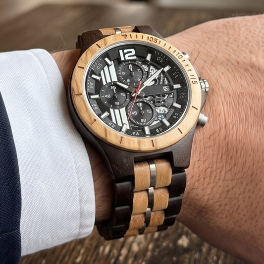 Men's wood sport watch on wrist, black dial with red second hand and multi-window layout.