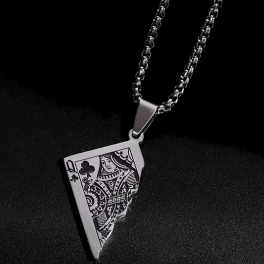 Men's PN-10 Queen Card Pendant necklace by Overpowered Accessories featuring a silver chain and detailed card design.