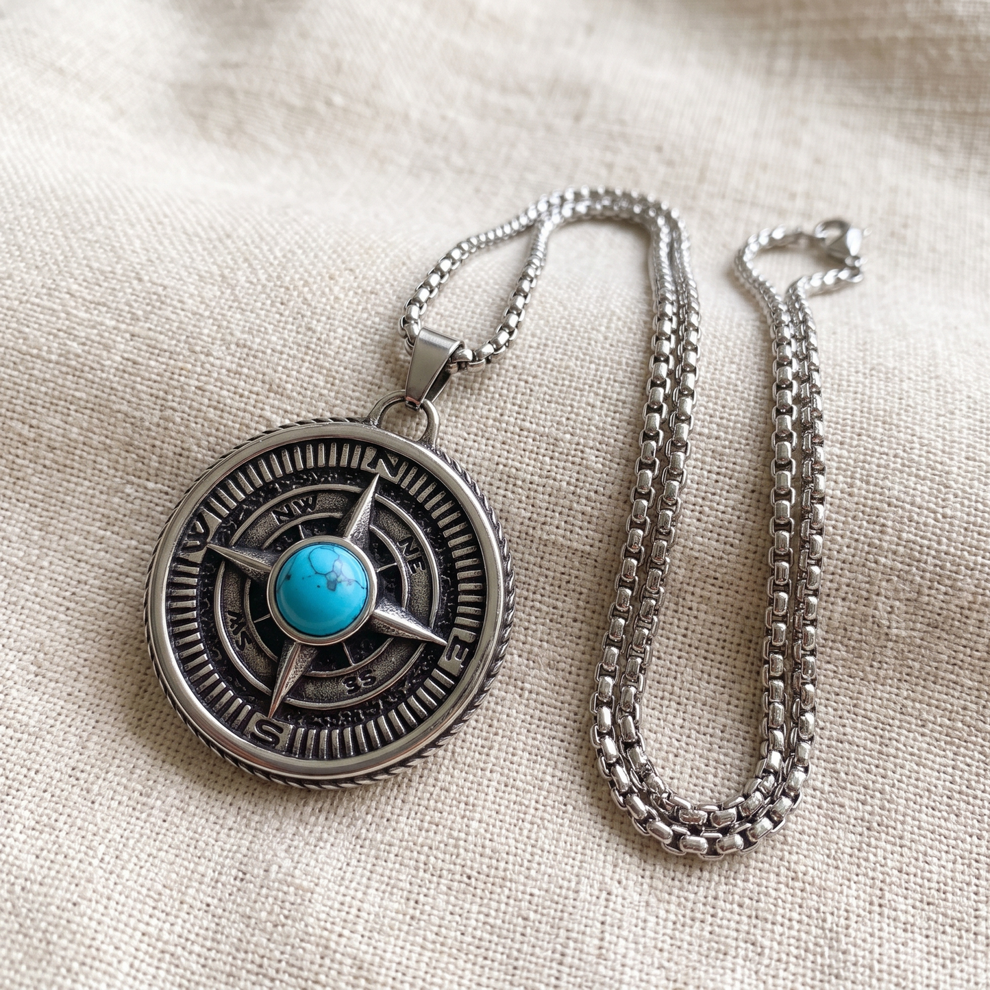Turquoise gemstone compass pendant necklace with silver chain